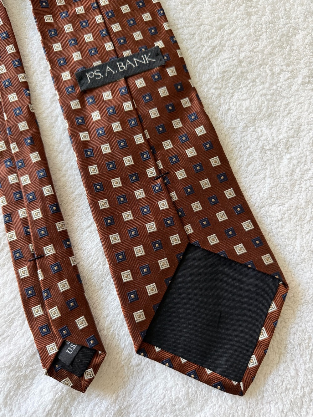 Jos A Bank Brown Copper Woven Jacuard Squares Repp 100% Silk Necktie Made In USA